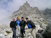 Gruppo di Brenta, Italy 9/2006 : The Brenta Dolomites are a breathtaking series of sheer pink, black and chalky grey limestone cliffs and towering spires spaced closely together in the Italian Alps. The Brenta Group holds special status in the lore of the European Alps, in that they are an excellent training ground for mountaineering. These dramatic mountains stand alone and stretch high over lower mountains to the east and equally high but less dramatic granite-teethed mountains to the west. The mountains have long been a draw for climbers and contain an extensive system of assisted-climbing routes known as via ferrata, which use of fixed cables, iron ladders and hooks create high-altitude passages. 

Travel information on the area favors skiing and climbing, but there are also extensive non-technical trekking options here that are only moderately difficult by European Alps standards (all our hikes involved between 2,500-3,300 ft. of elevation change). We spent several days hiking on trails one level below the via ferrata routes and barely made a dent in all the hiking options the area has to offer. We stayed in Madonna di Campiglio, located just west and 1,900 vertical feet below the base of the Brenta range. The region's capital, Trento, is 80 kilometers to the east.

Friends we made while trekking on the Walker's Haute Route in France and Switzerland flew down from Amsterdam to join us for a reunion of sorts, making this stop on our Italian vacation an extra special one.